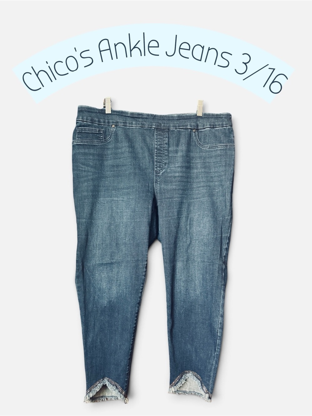 Chico's Rhinestone Fray Trim Ankle Jeans Dark Wash Pull On Stretch Denim 3 16